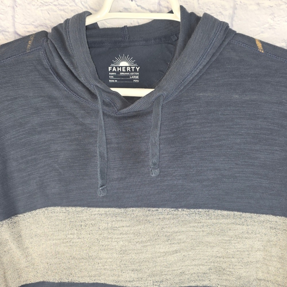 Faherty Men Hoodie Navy Blue Sun Graphic Colorblock Organic Cotton Large Flaw